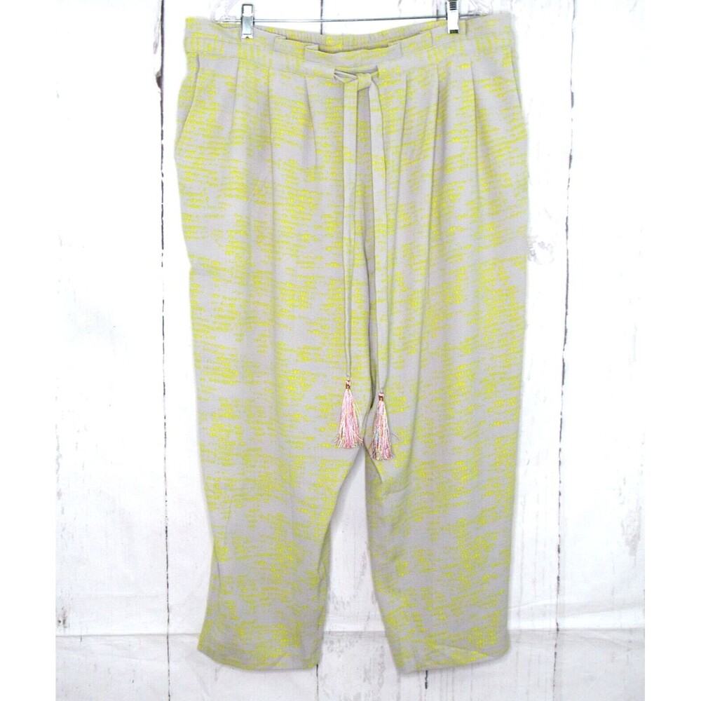 Melissa McCarthy Seven7 Wide Leg Pants Size 1X Tie Waist Beige Yellow Abstract